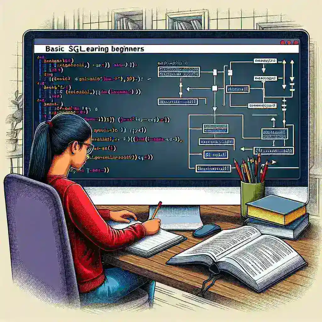 "Ilustrasi dasar-dasar SQL untuk pemula, menampilkan diagram struktur basis data dan contoh kueri SQL sederhana yang digunakan untuk pengelolaan data."