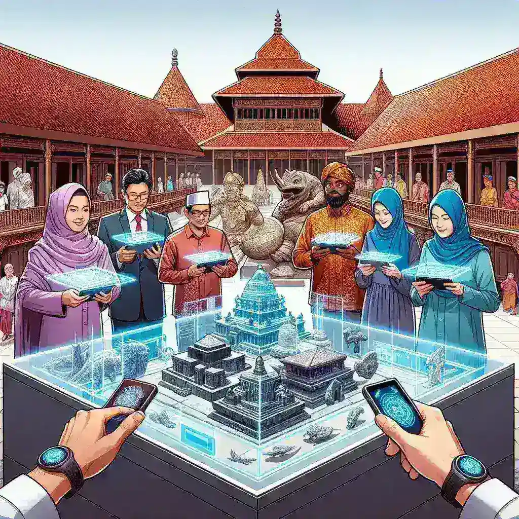 "Augmented reality technology enhancing visitor experience at an Indonesian history and archaeology museum, showcasing interactive exhibits and educational displays."