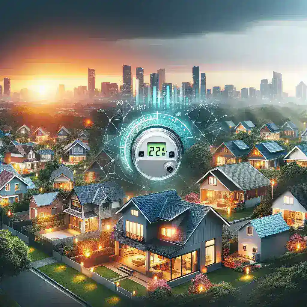 "Infografis menampilkan target pemerintah Indonesia untuk menghubungkan 10 juta rumah dengan smart meter pada tahun 2030, menunjukkan peta distribusi dan manfaat teknologi smart meter dalam pengelolaan energi."